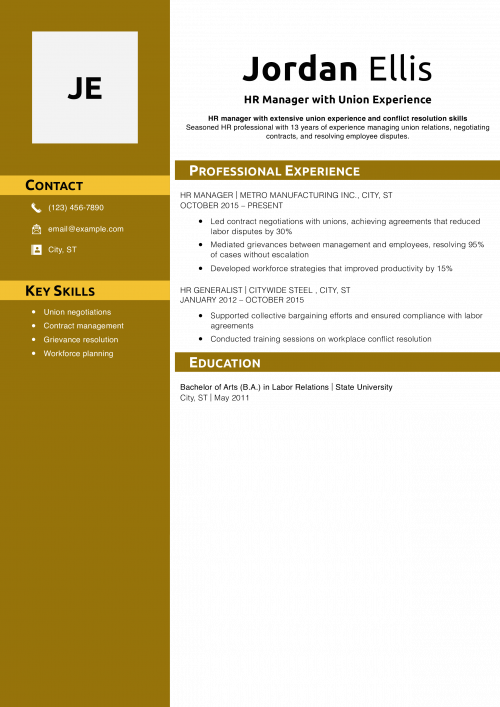 HR Manager with Union Experience Resume