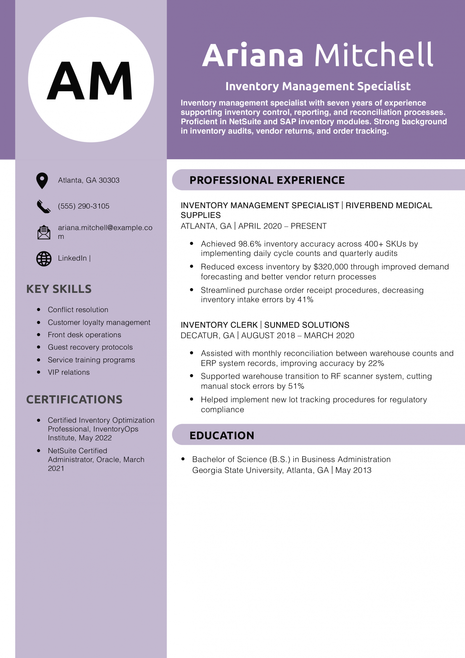 Inventory Management Specialist Resume Example