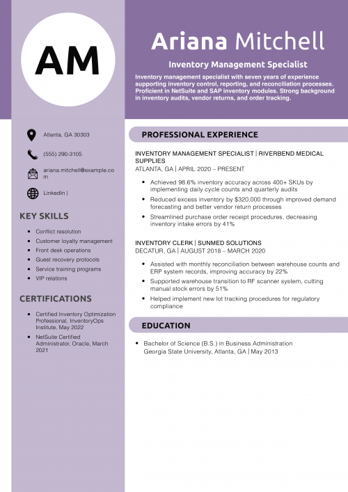 Inventory Management Specialist Resume Example