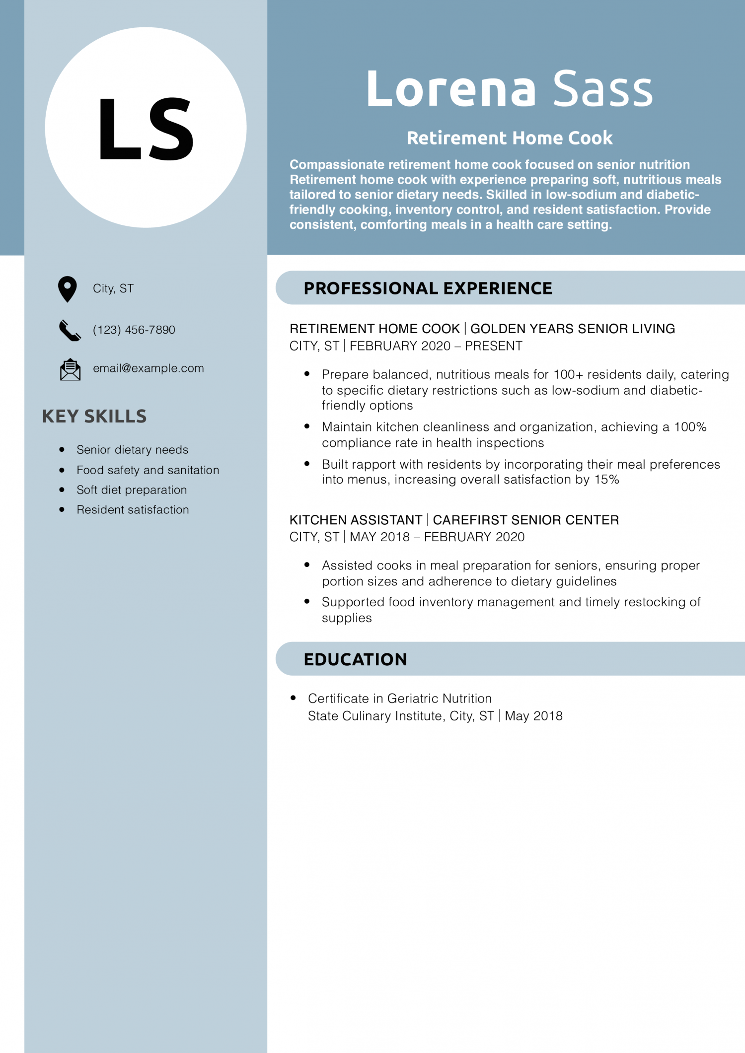 Retirement Home Cook Resume