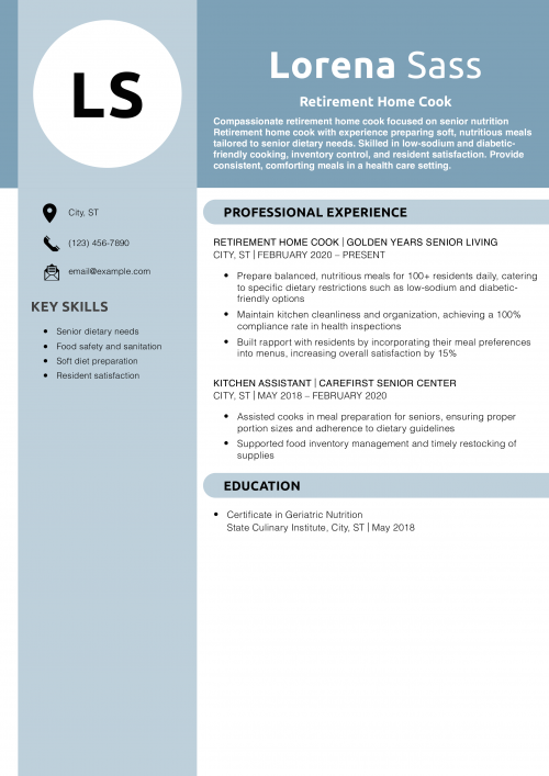 Retirement Home Cook Resume