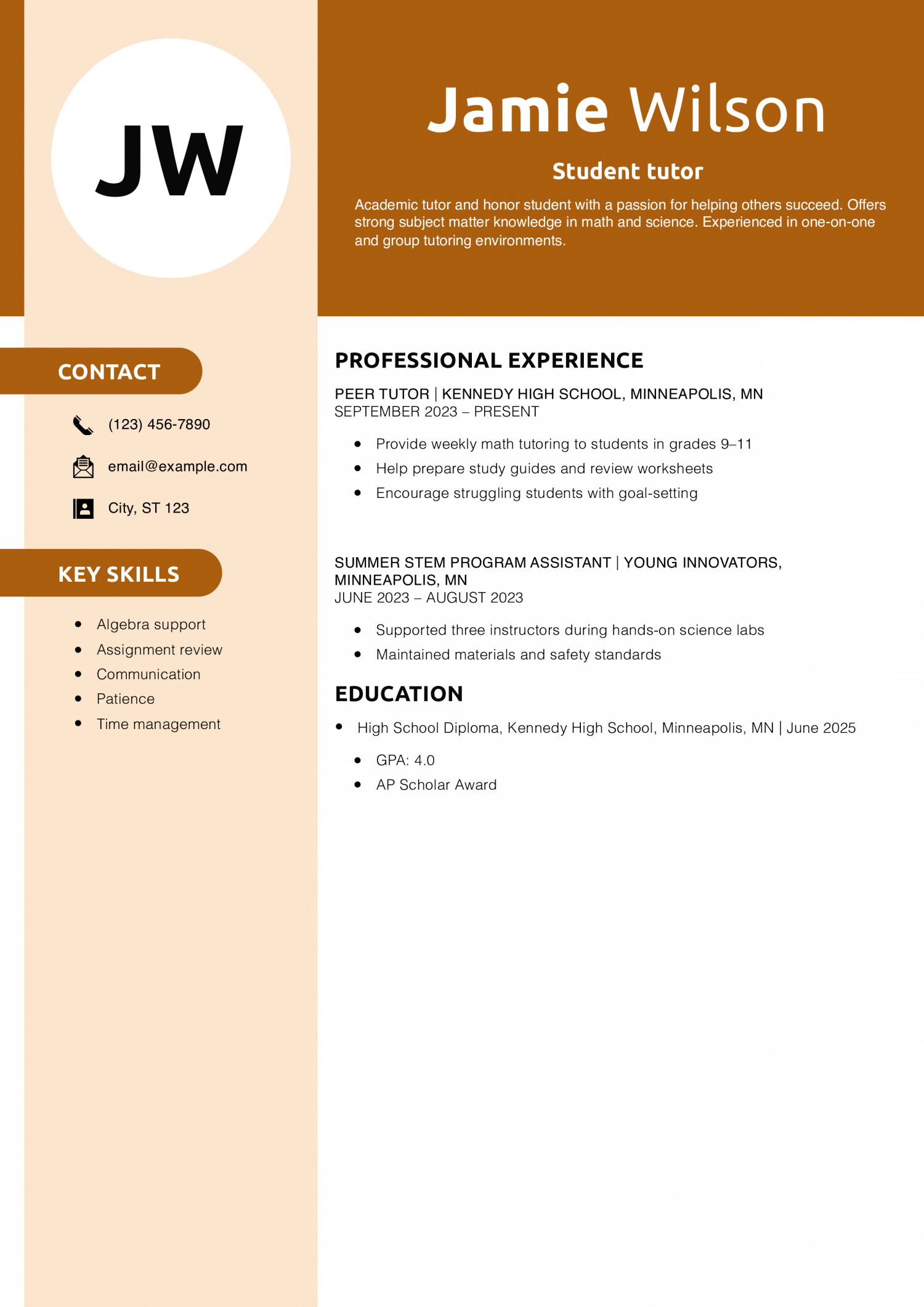 Student tutor resume example