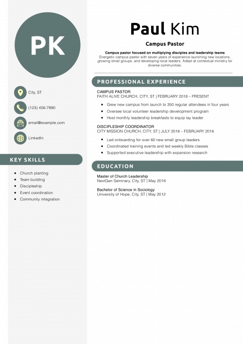 Campus Pastor Resume Example