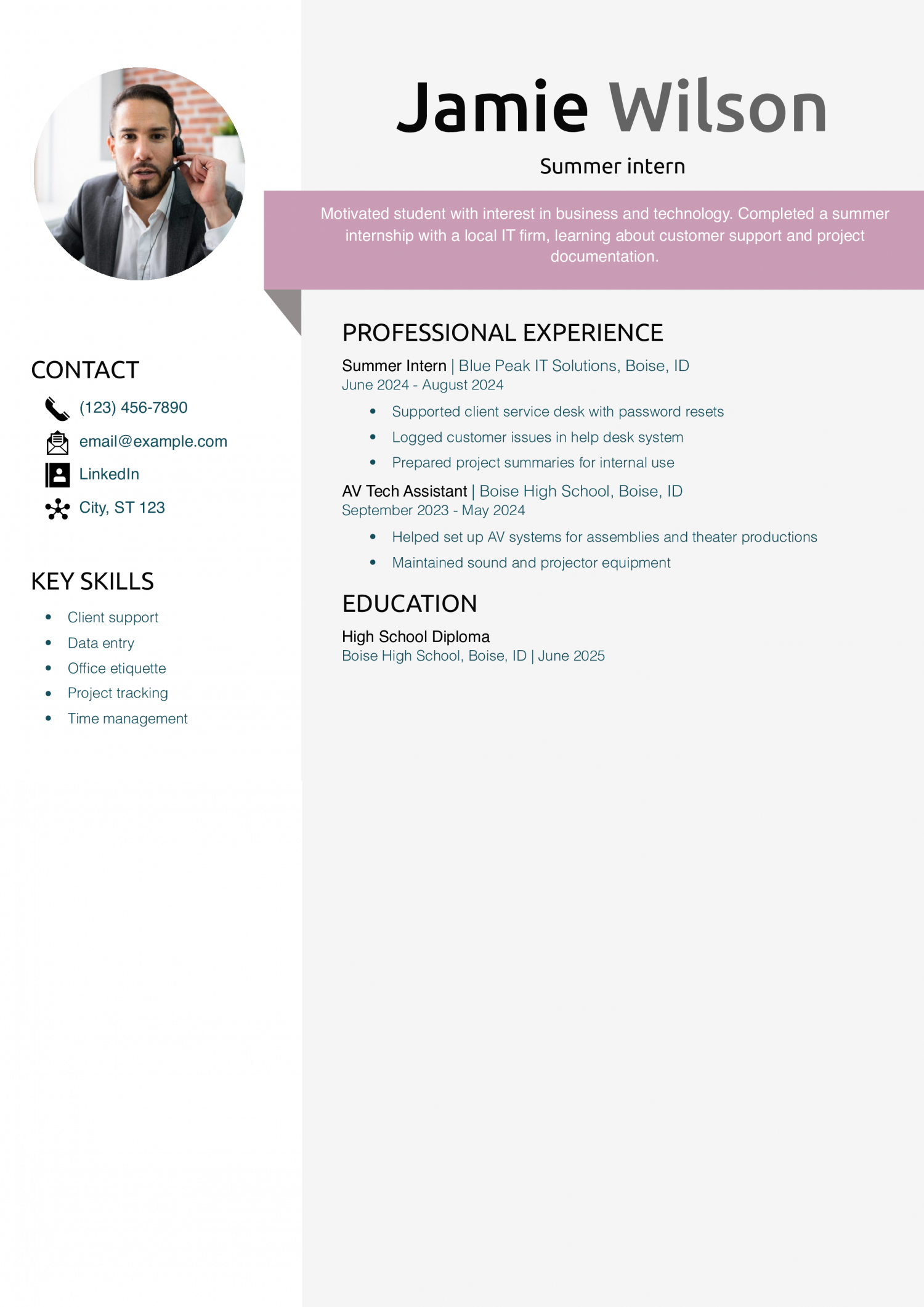 Summer intern resume example