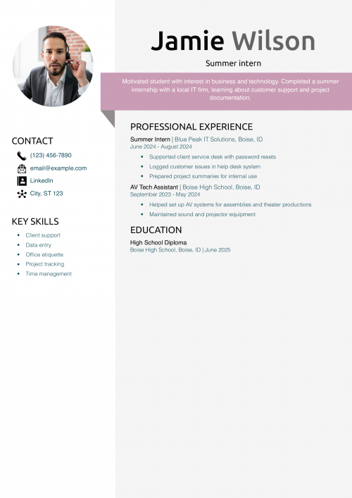 Summer intern resume example