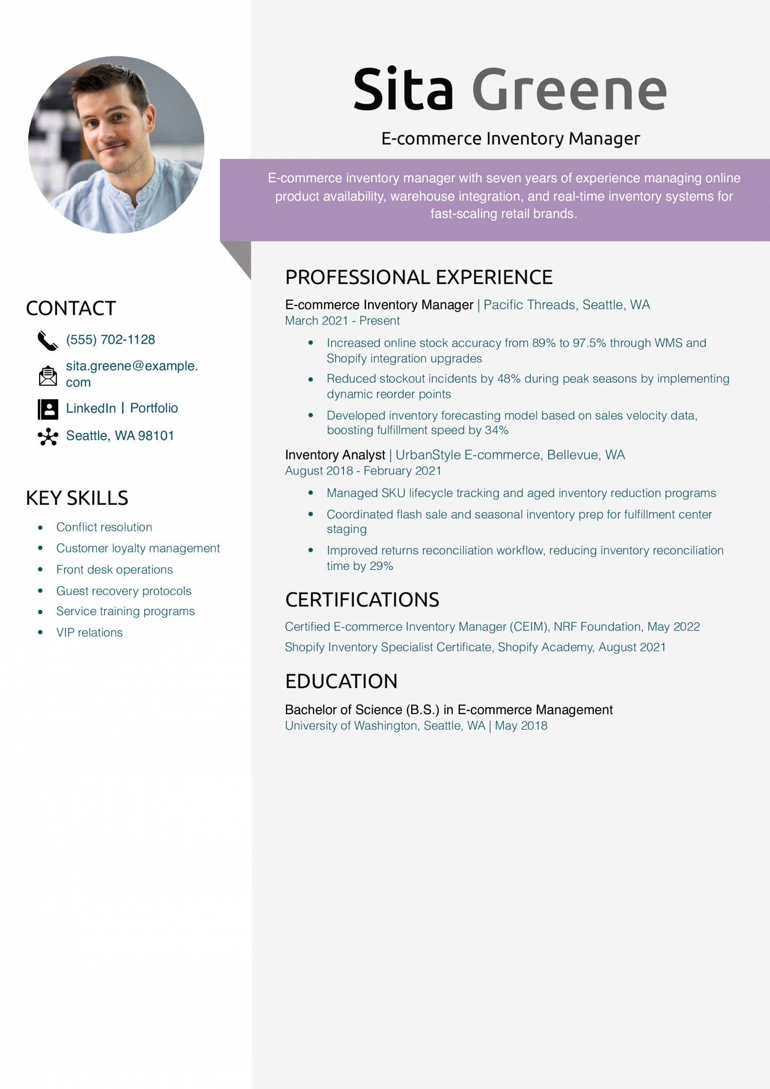 E-commerce Inventory Manager Resume Example