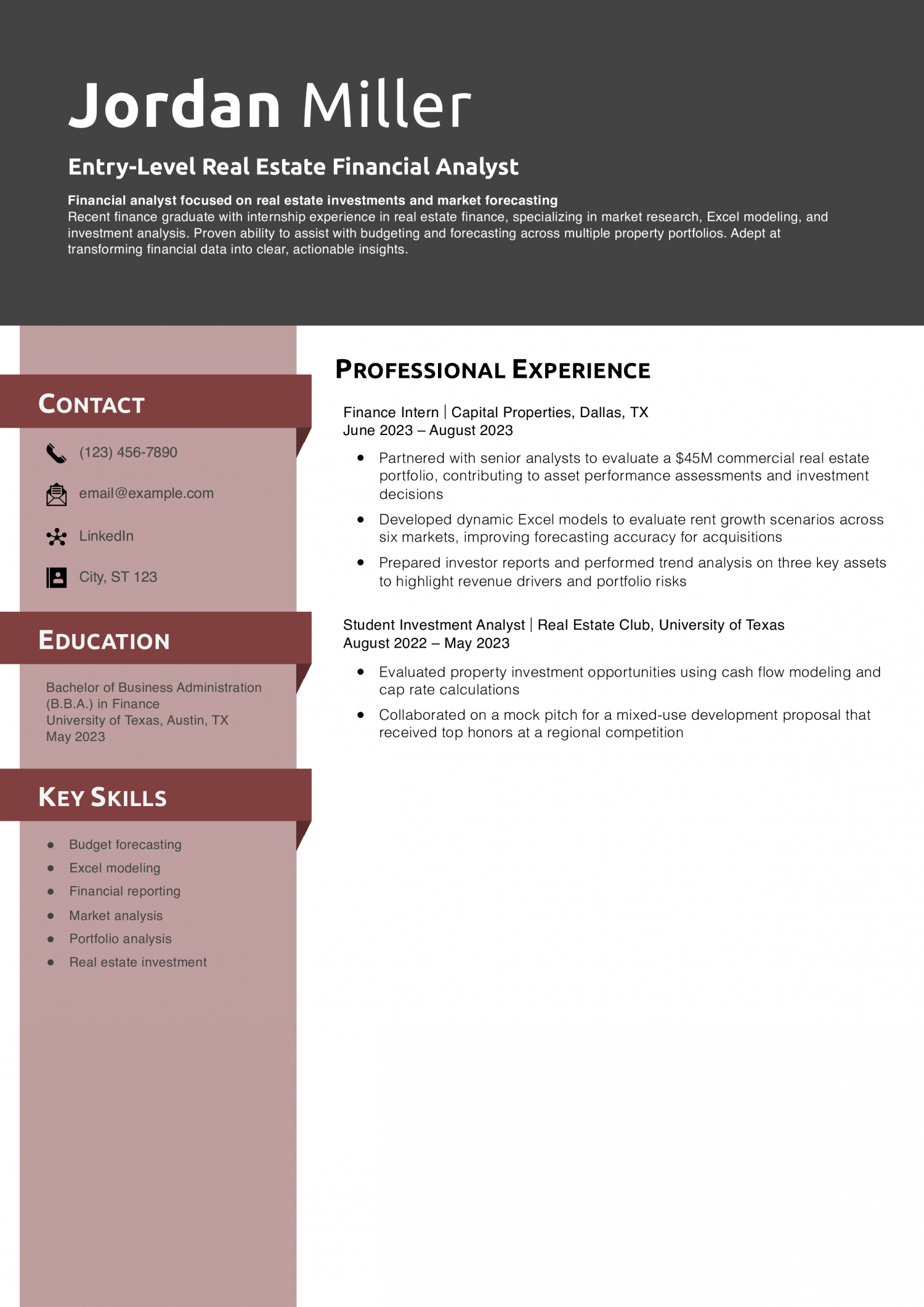 Entry-Level Real Estate Financial Analyst Resume Example