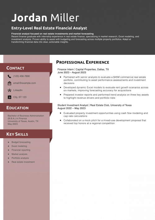 Entry-Level Real Estate Financial Analyst Resume Example