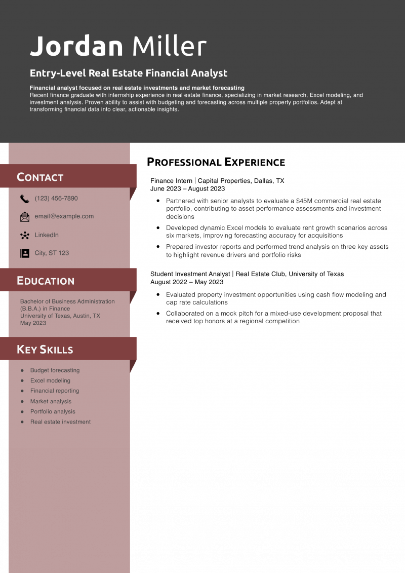 Entry-Level Real Estate Financial Analyst Resume Example