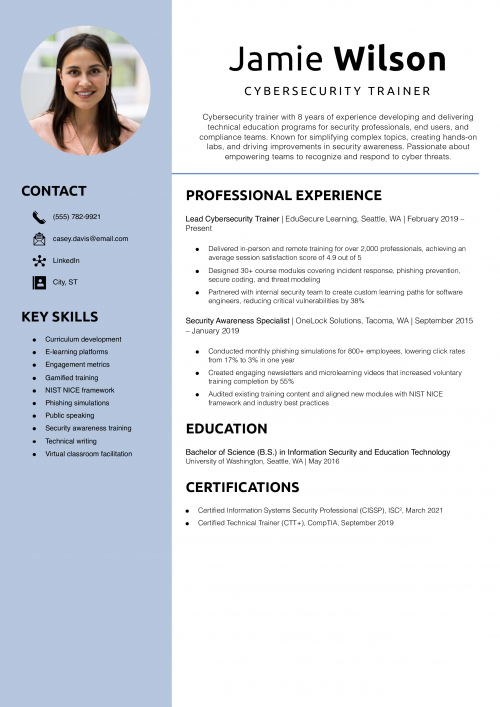 Cybersecurity Trainer Resume Example