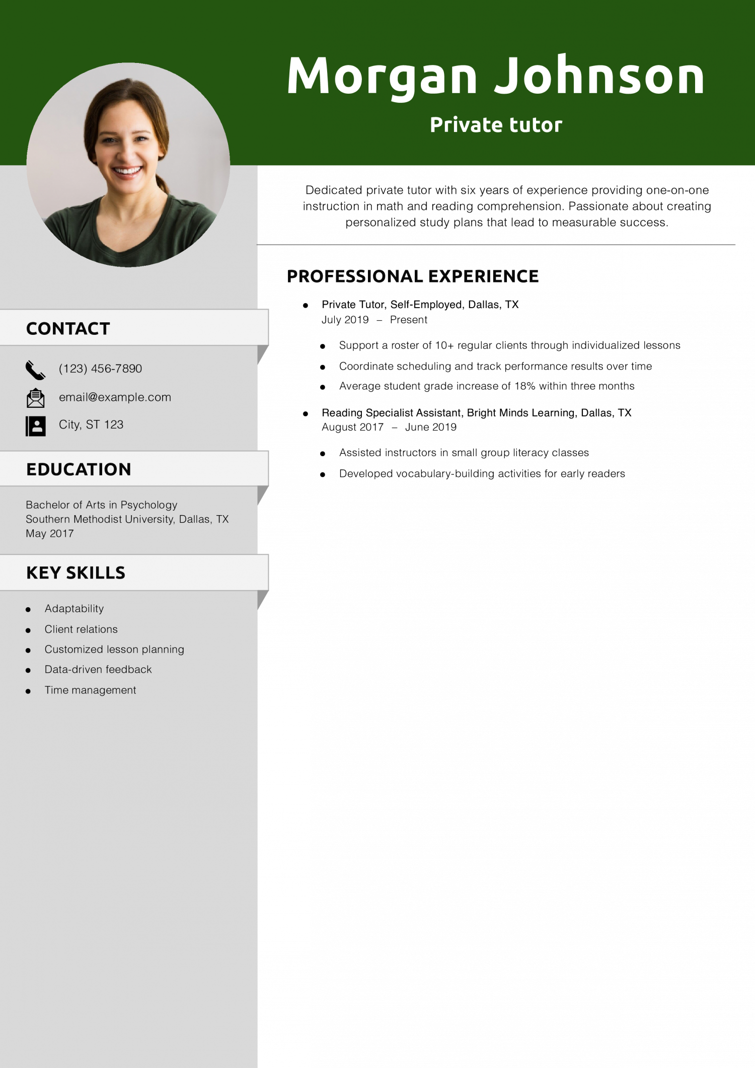 Private tutor resume example