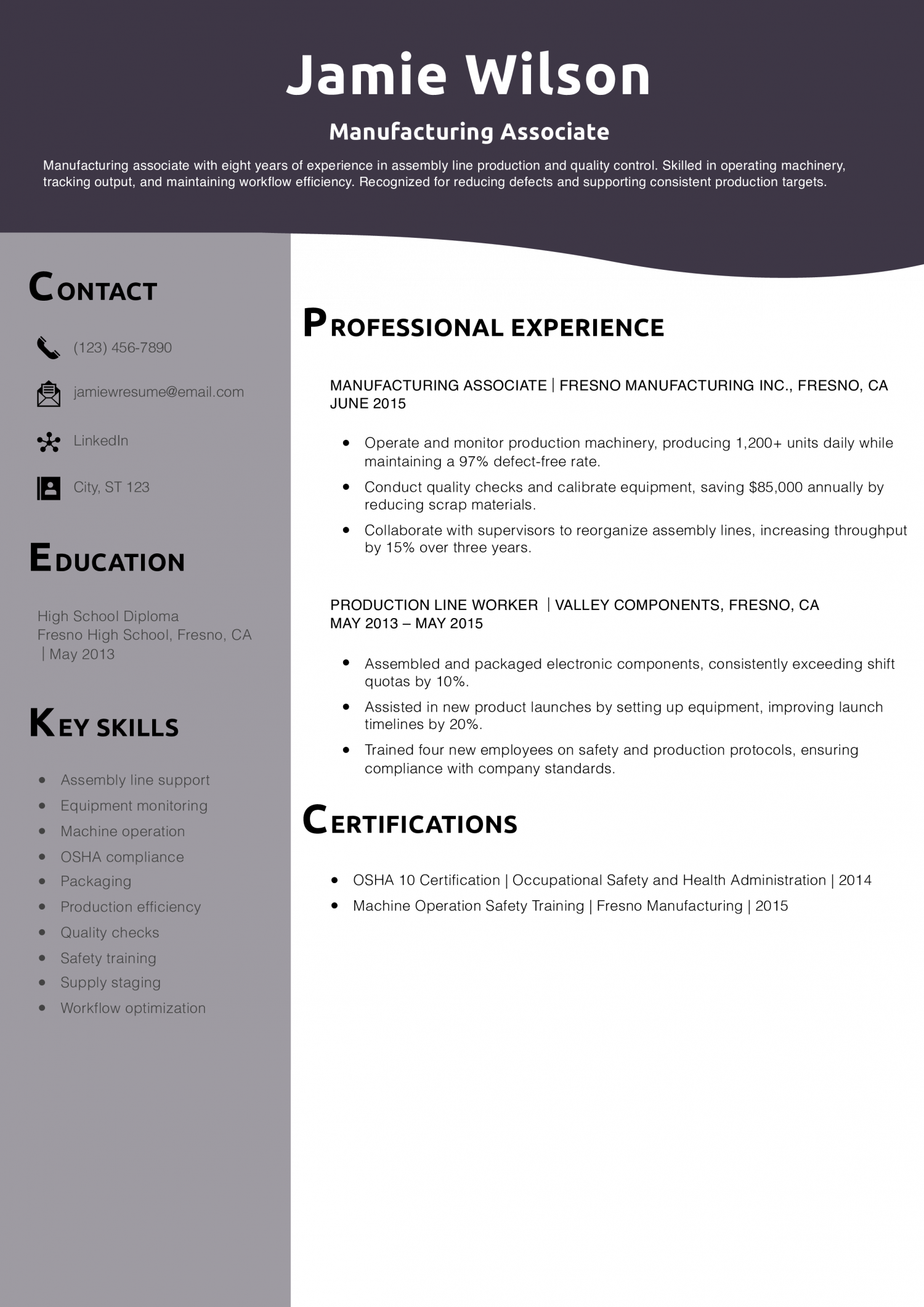 Manufacturing Associate Resume Example