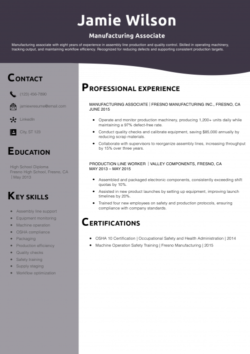 Manufacturing Associate Resume Example