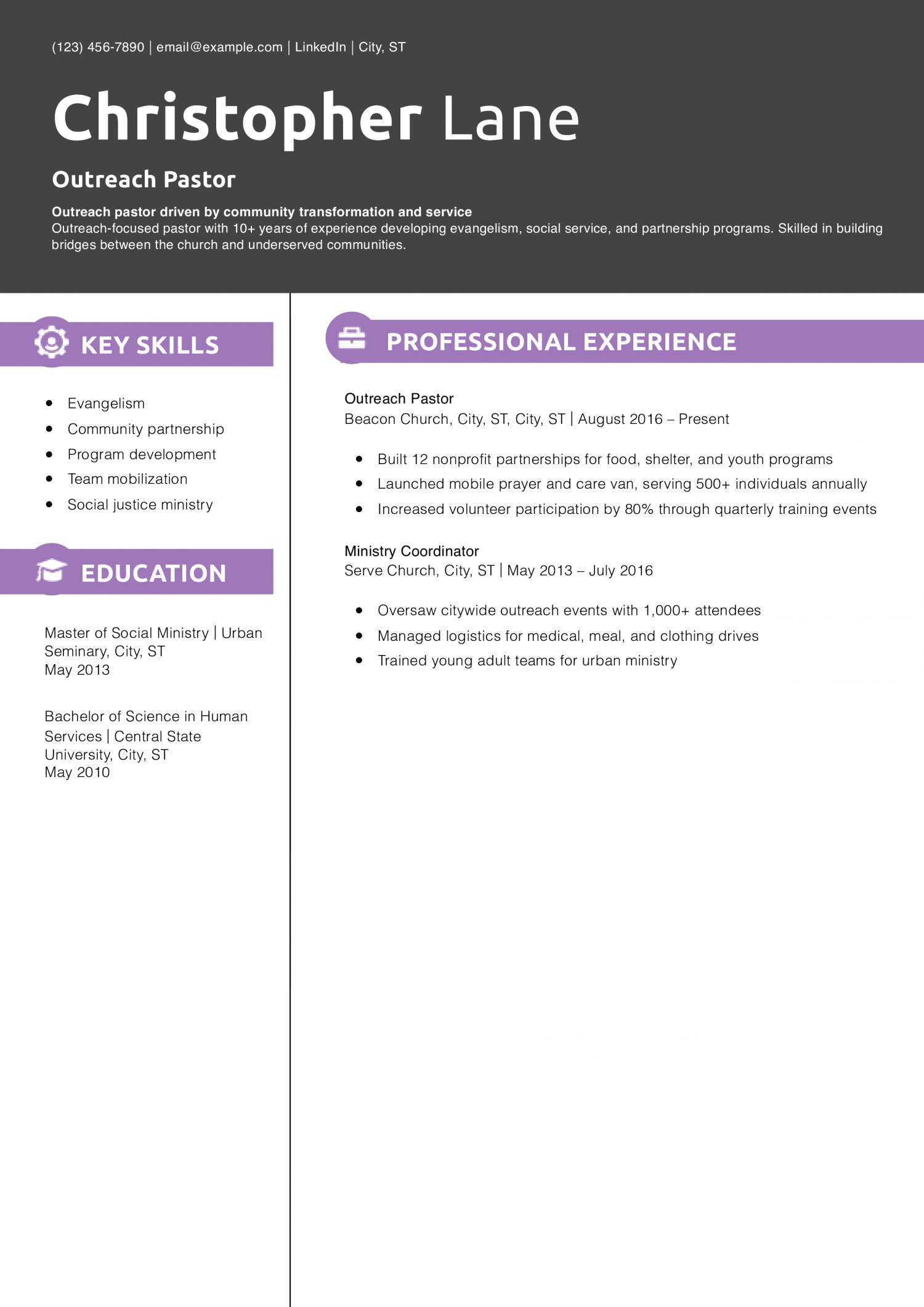 Outreach Pastor Resume Example