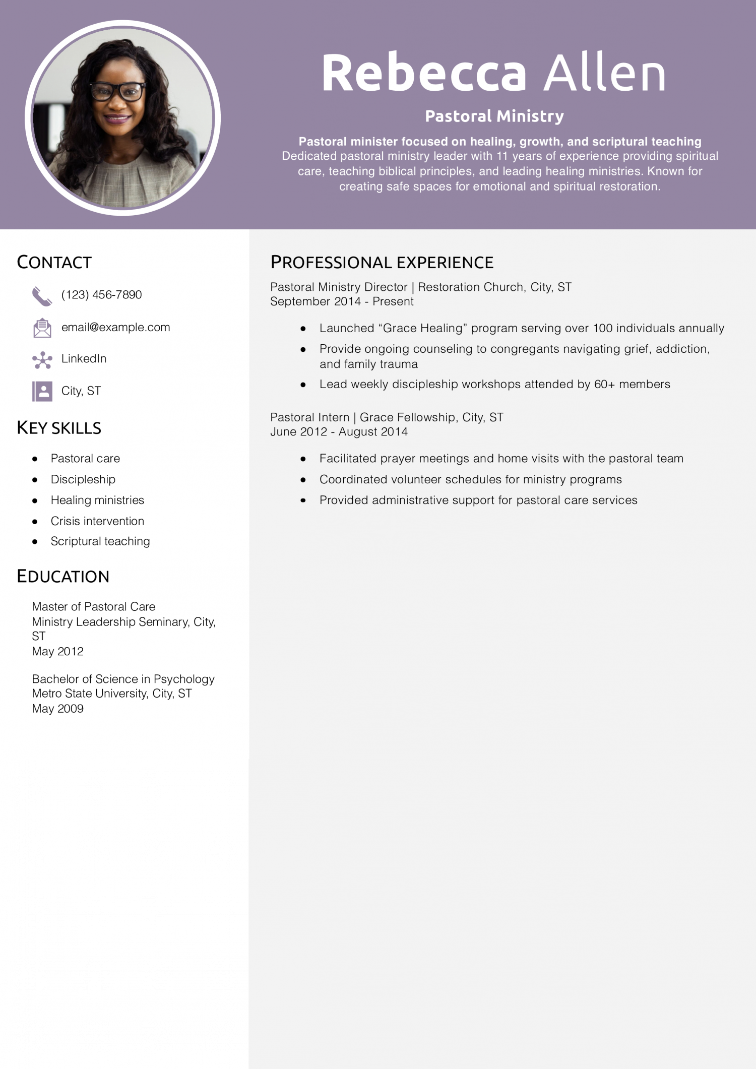 Pastoral Ministry Resume Example