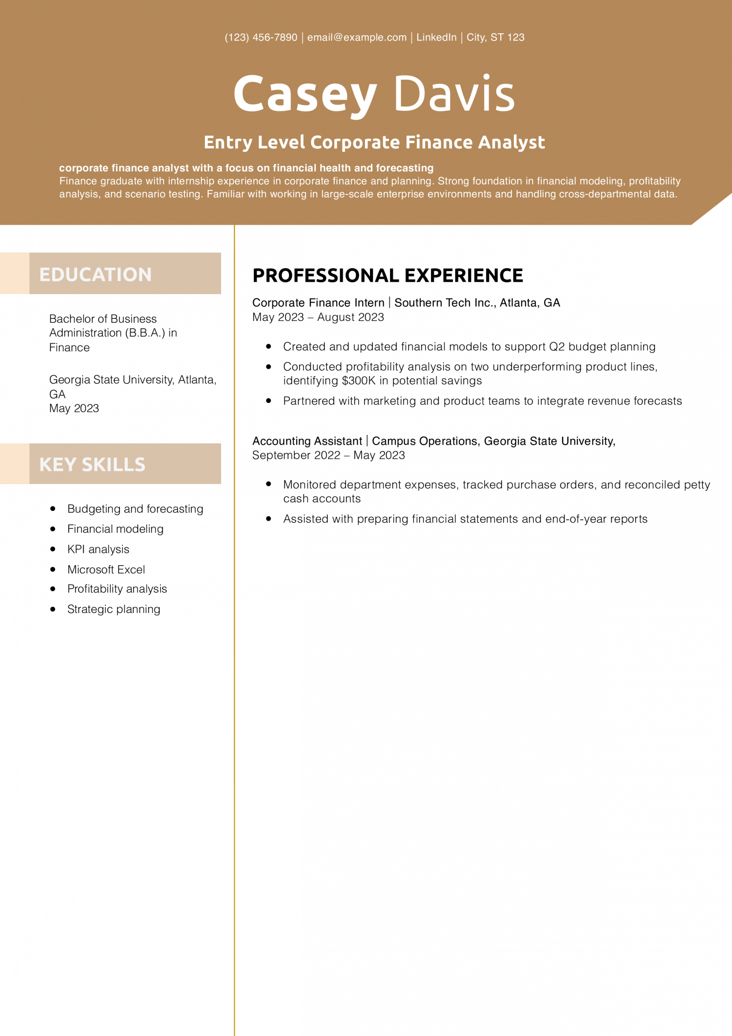 Entry Level Corporate Finance Analyst Resume Example