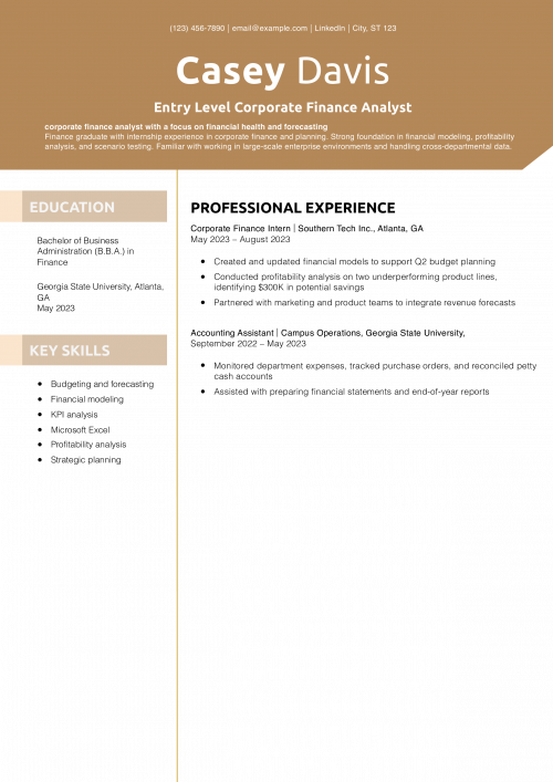 Entry Level Corporate Finance Analyst Resume Example