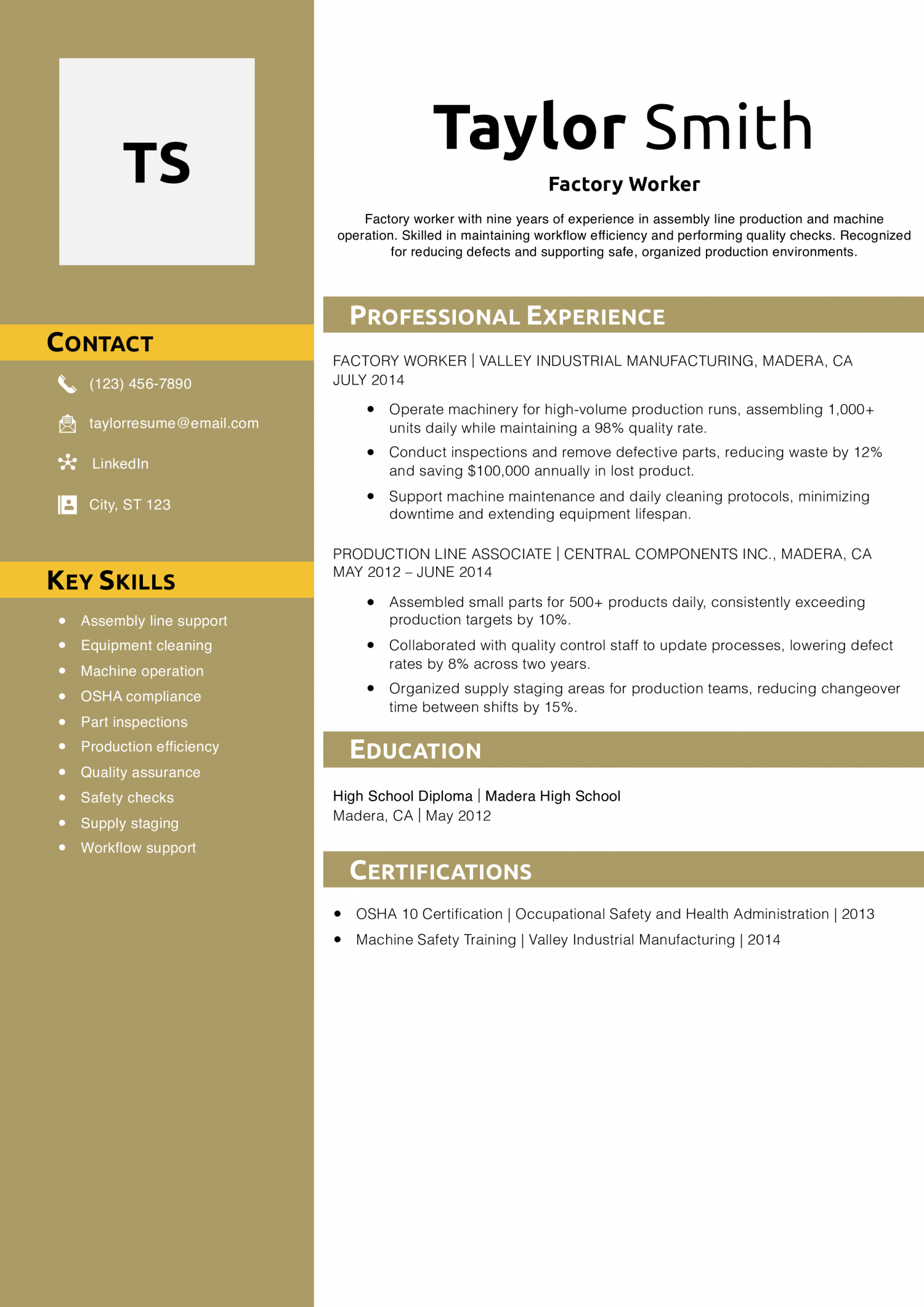Factory Worker Resume Example