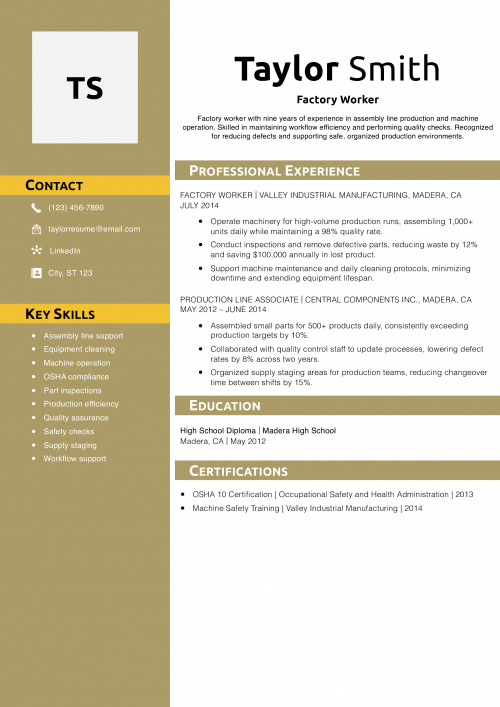 Factory Worker Resume Example