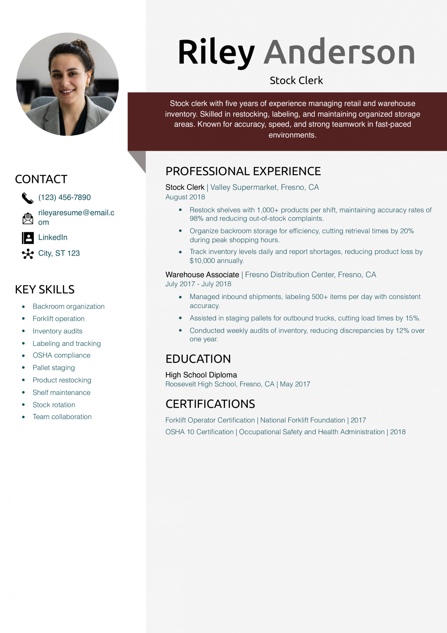 Stock Clerk Resume Example