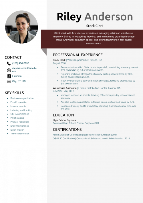 Stock Clerk Resume Example