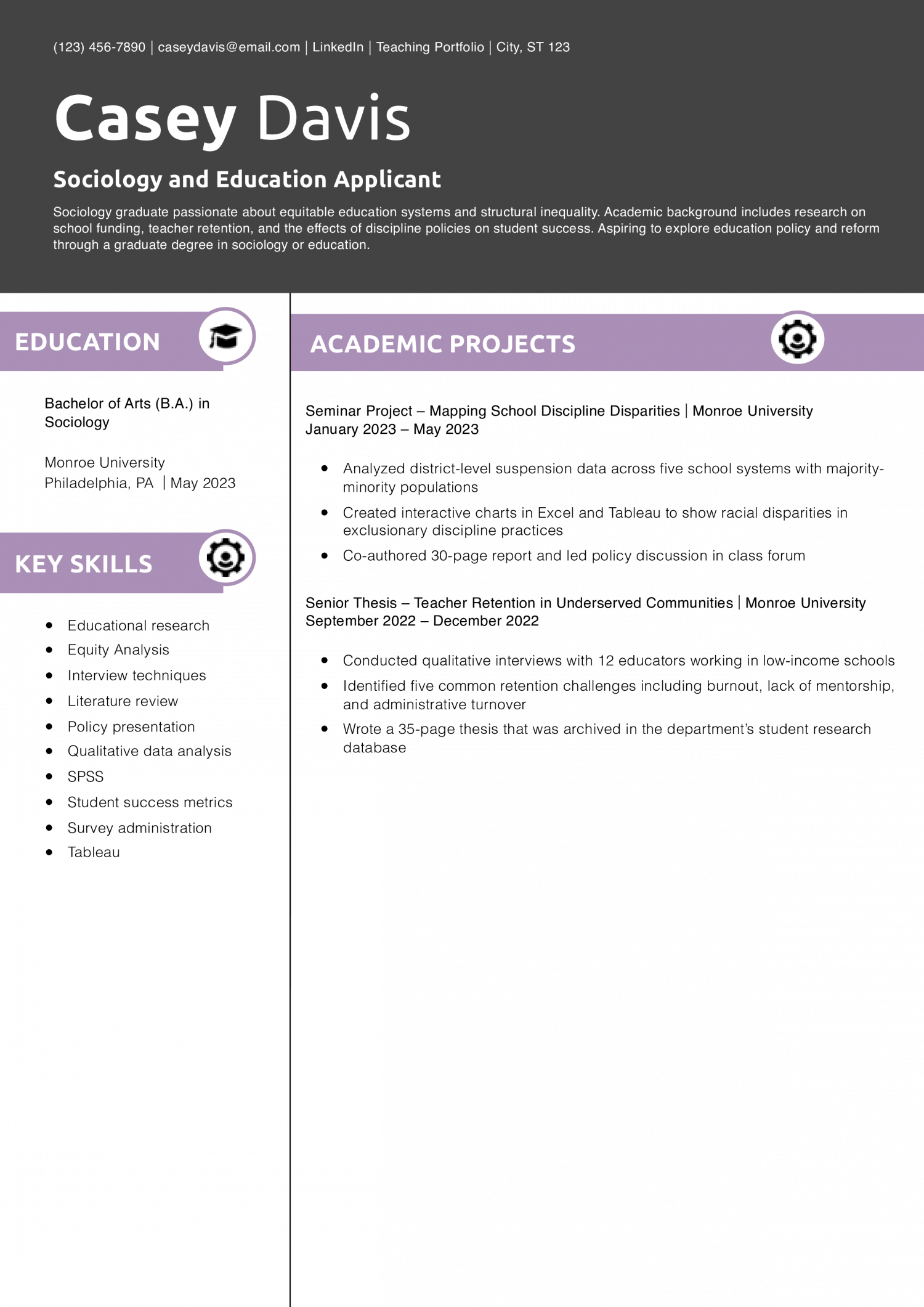 Sociology and Education Applicant Resume Example