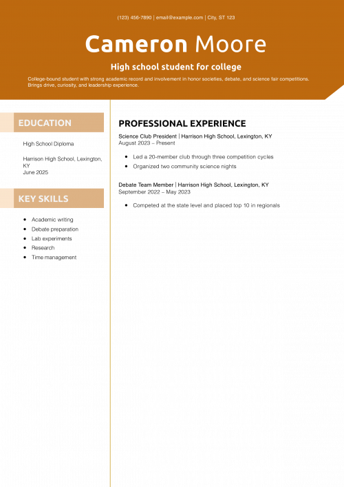 High school student for college resume example