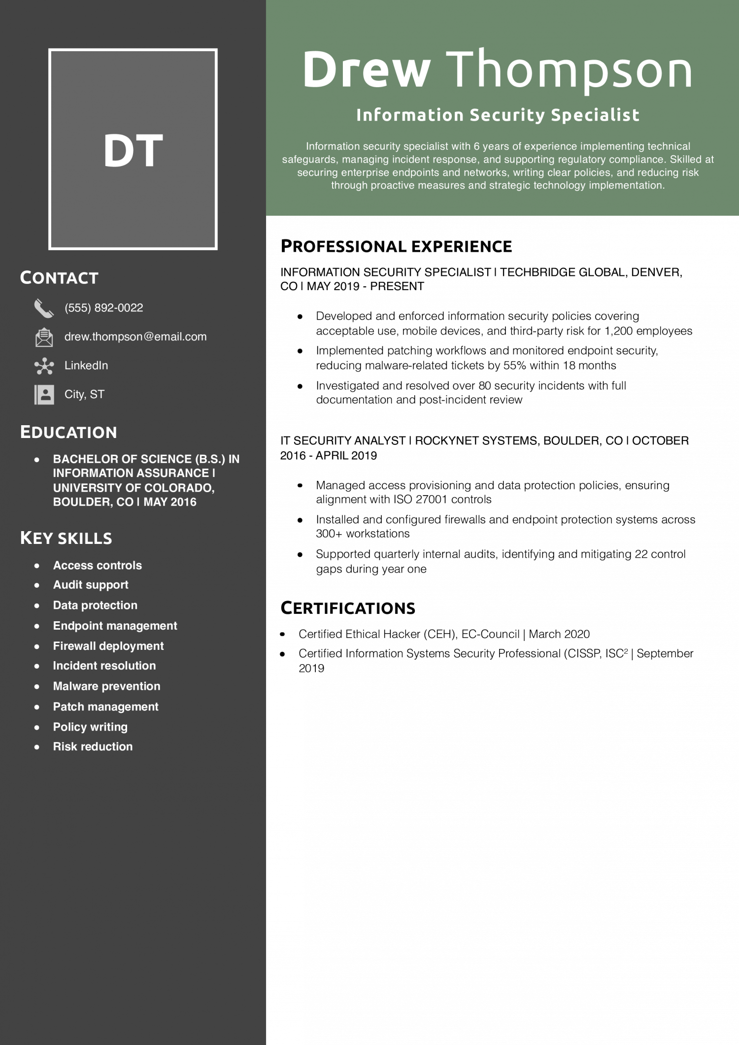 Information Security Specialist Resume Example