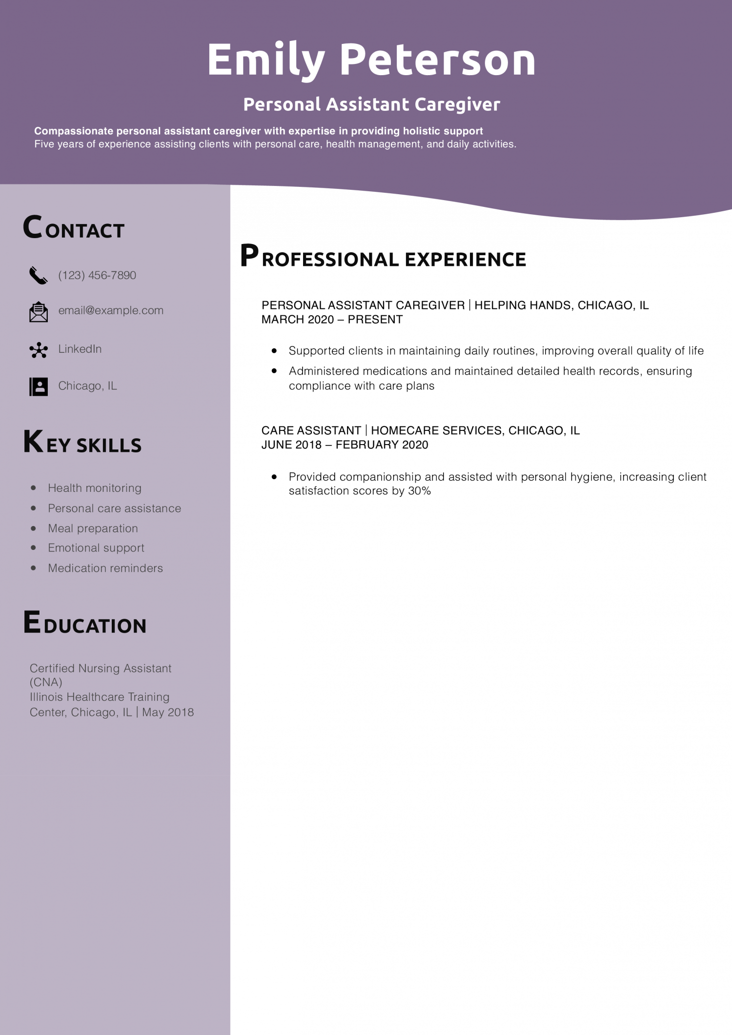 Personal Assistant Caregiver Resume