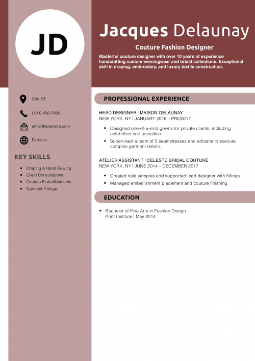 Couture Fashion Designer Resume