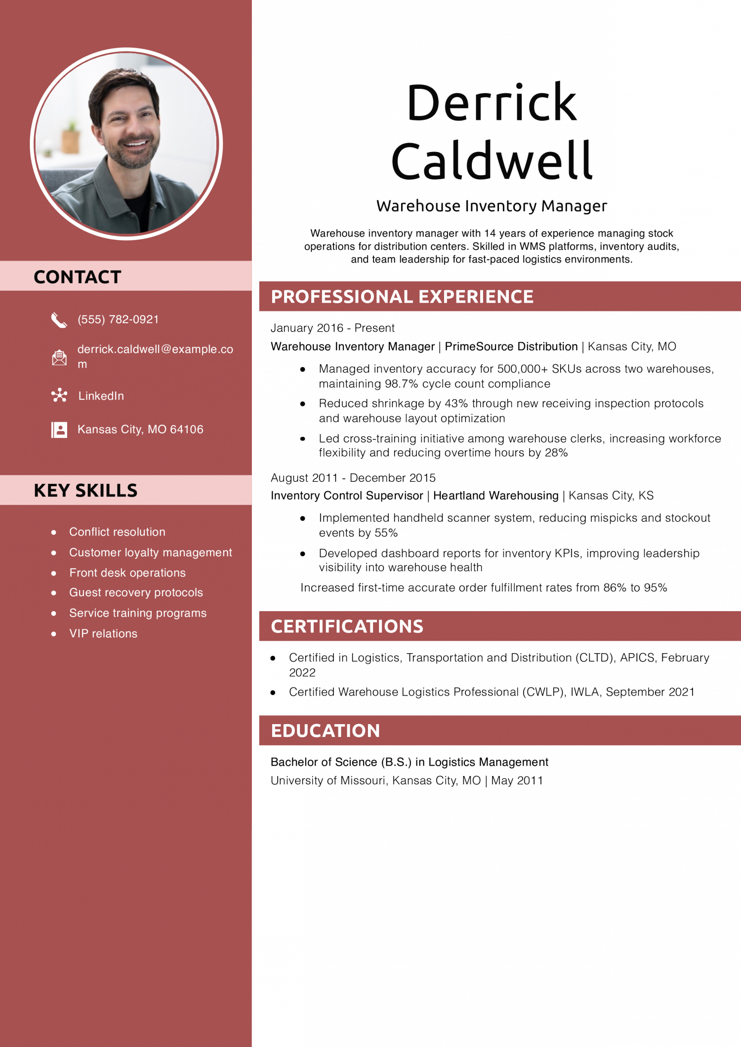 Warehouse Inventory Manager Resume Example