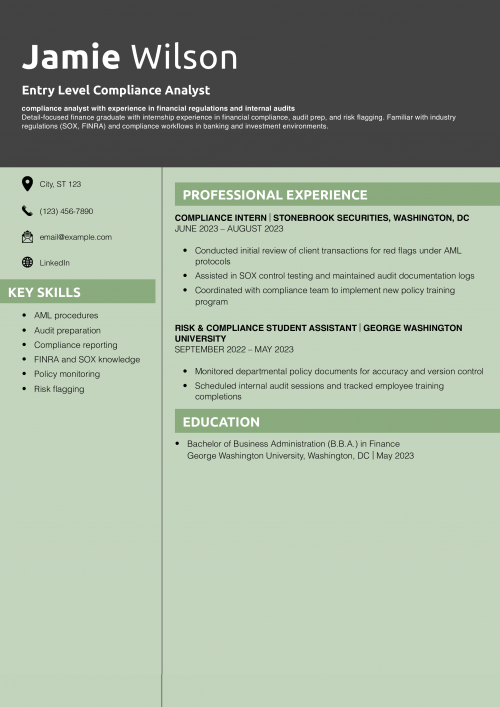 Entry Level Compliance Analyst Resume Example