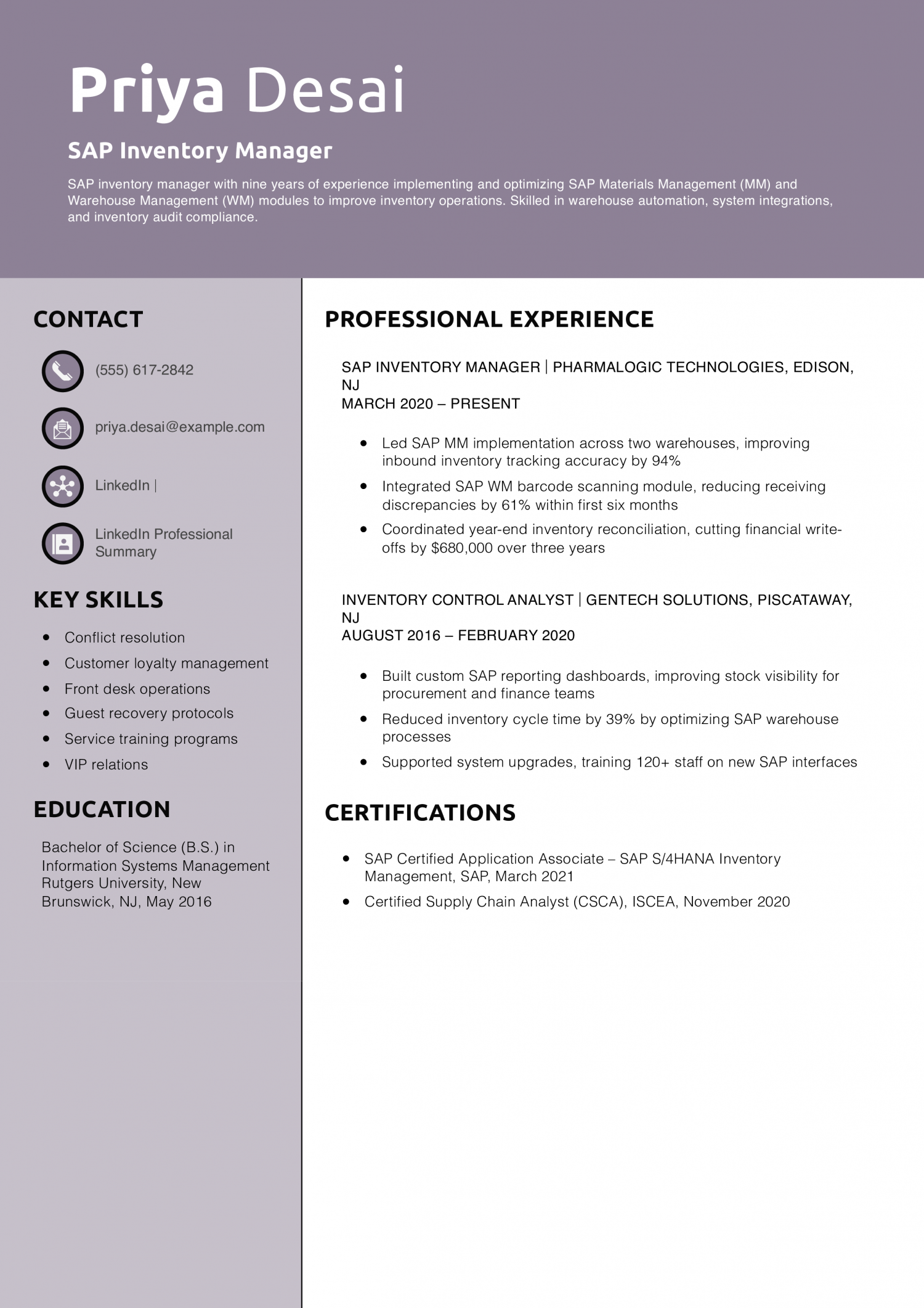 SAP Inventory Manager Resume Example