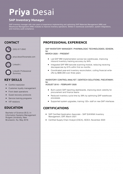 SAP Inventory Manager Resume Example