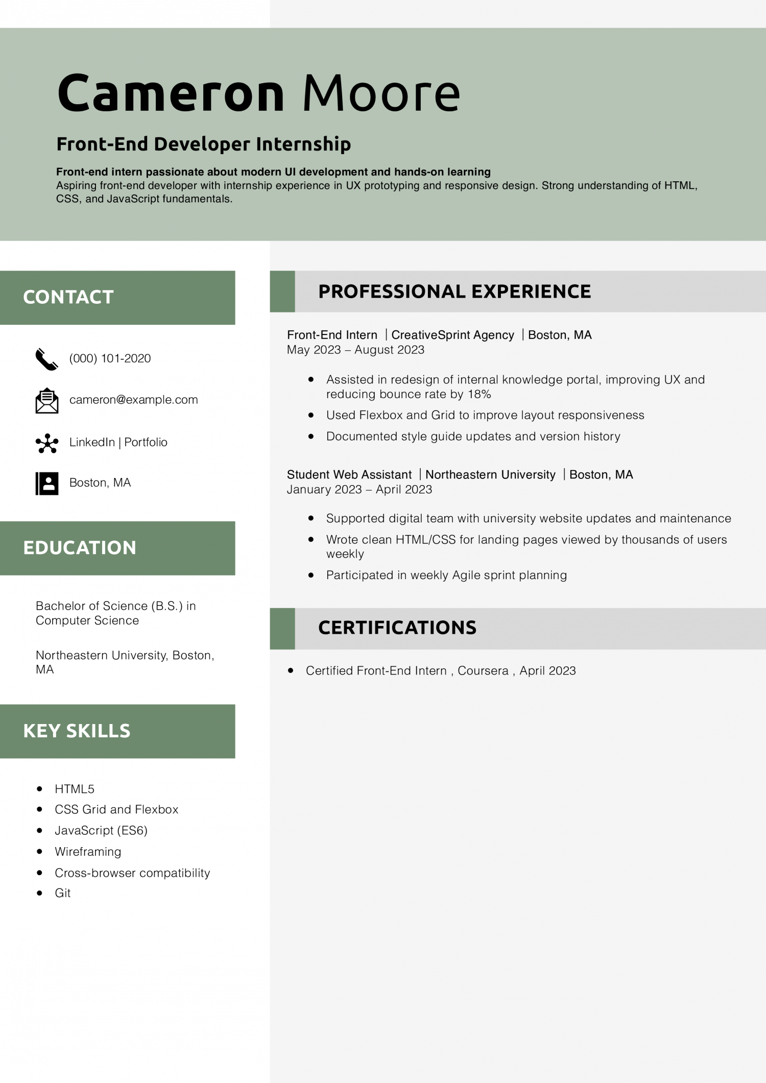 Front-End Developer Internship Resume 