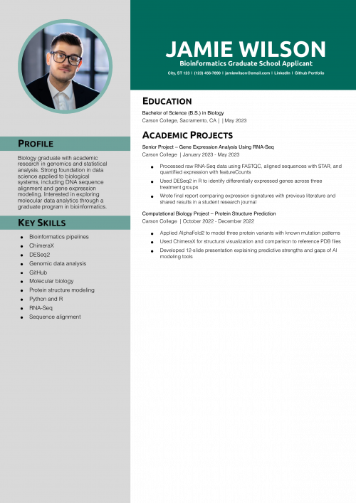 Bioinformatics Graduate School Applicant Resume Example