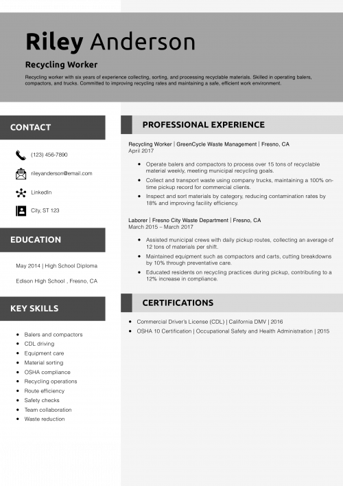 Recycling Worker Resume Example