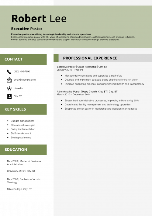 Executive Pastor Resume Example