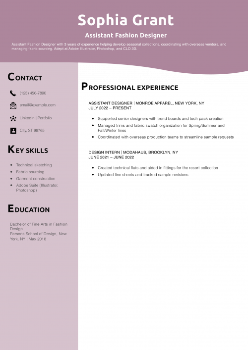 Assistant Fashion Designer Resume