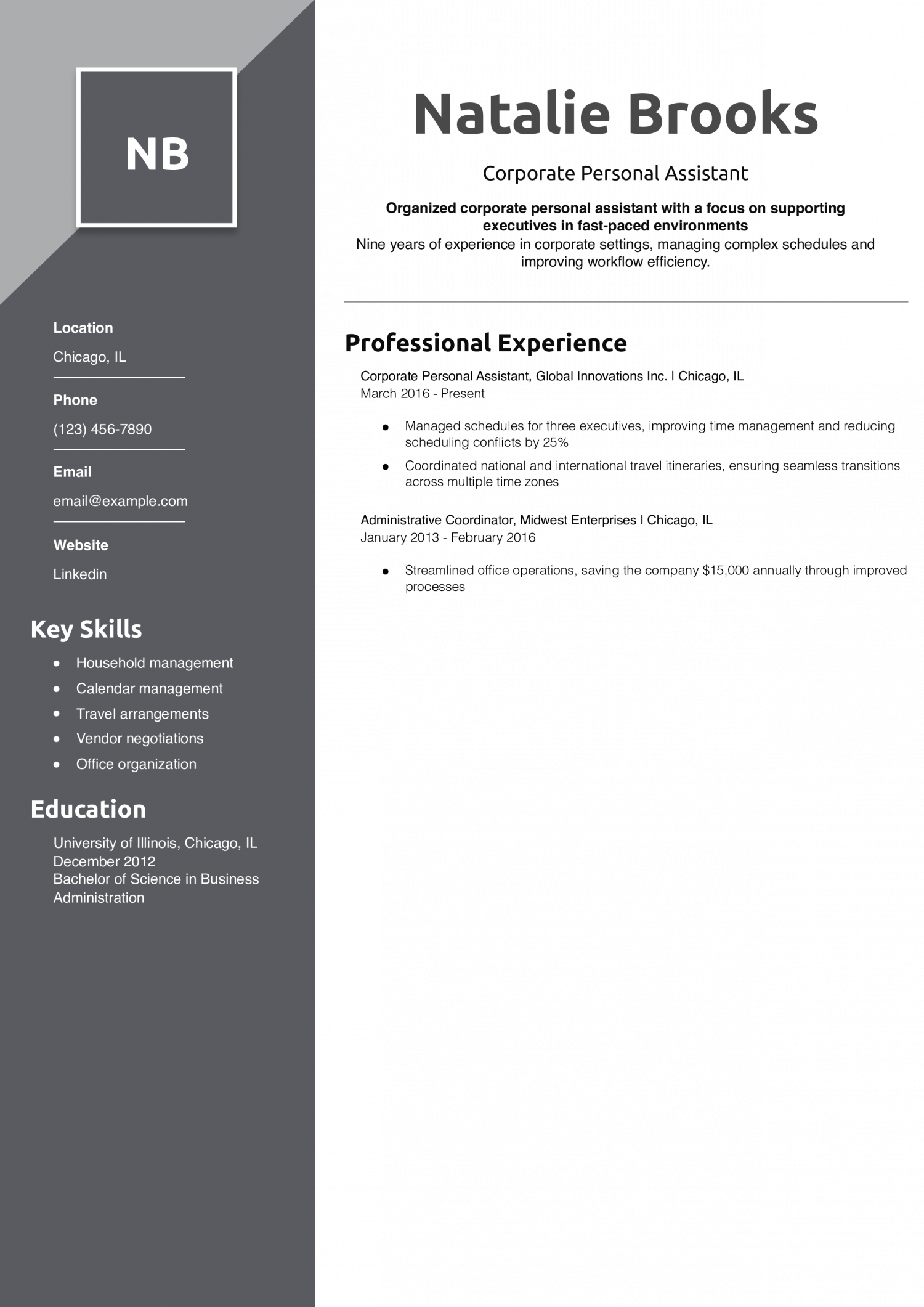 Corporate Personal Assistant Resume