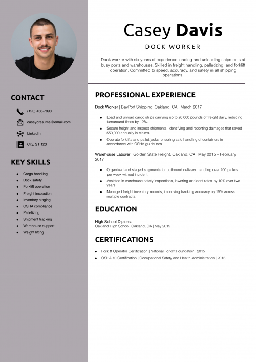 Dock Worker Resume Example