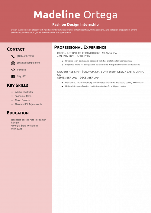 Fashion Design Internship Resume