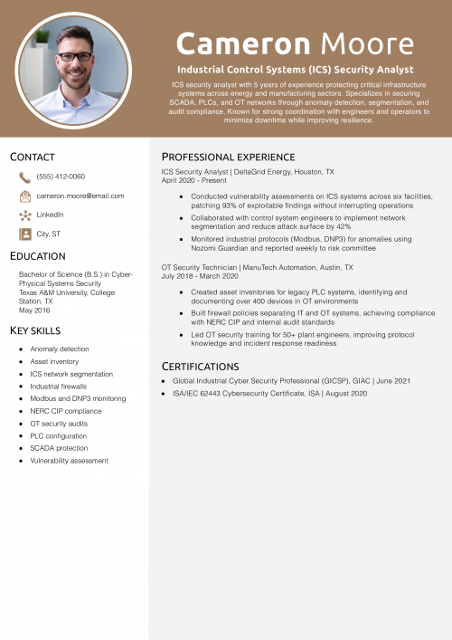 Industrial Control Systems (ICS) Security Analyst Resume Example