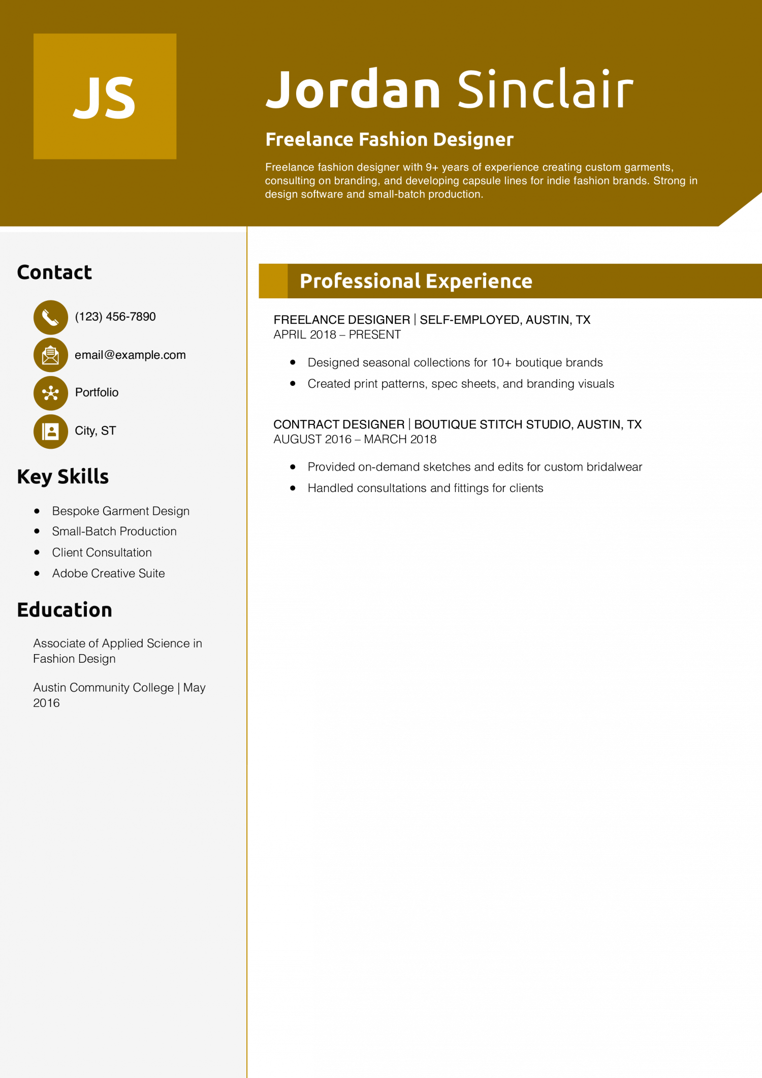 Freelance Fashion Designer Resume