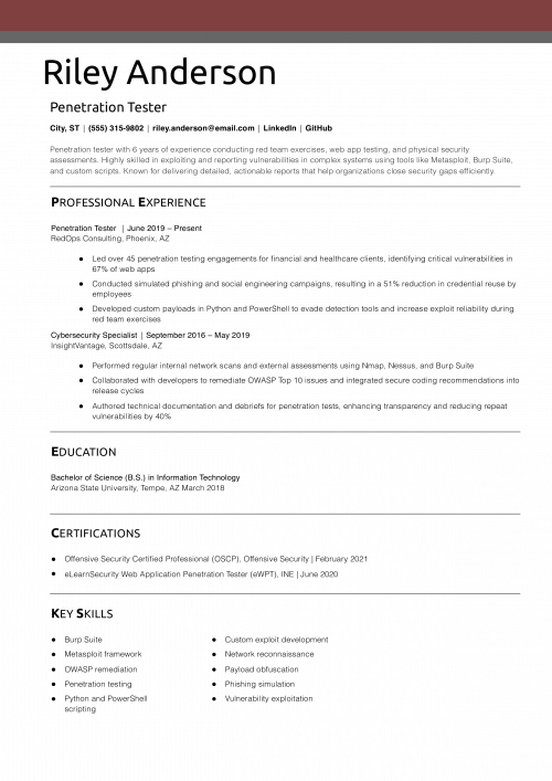Penetration Tester Resume Example