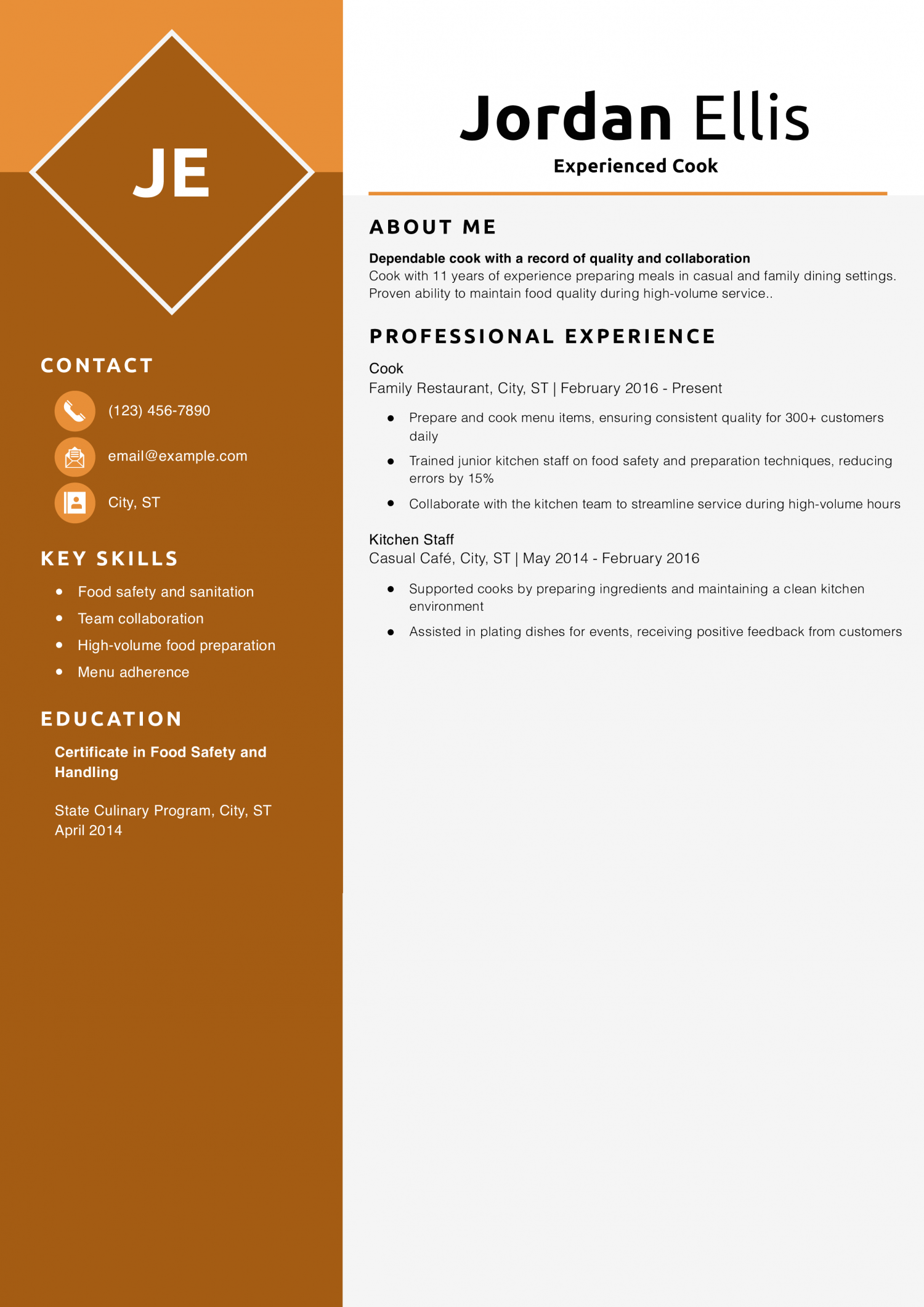 Experienced Cook Resume