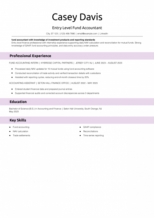 Entry Level Fund Accountant Resume Example