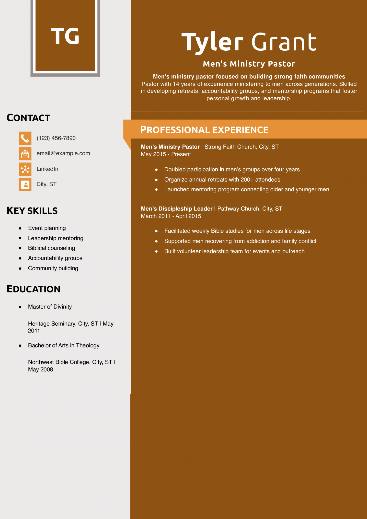 Men\'s Ministry Pastor Resume Example