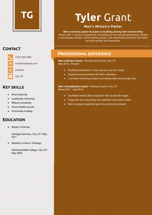 Men\'s Ministry Pastor Resume Example