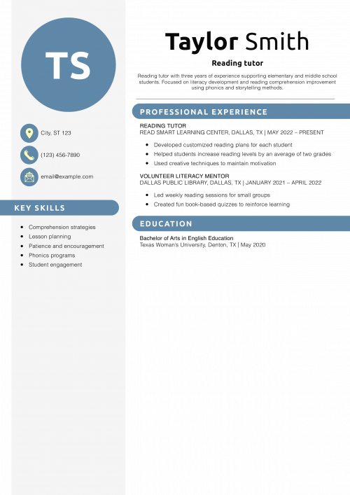 Reading tutor resume example